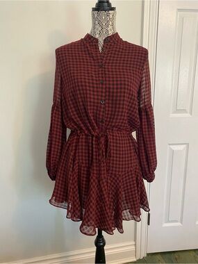 Vici Red and Black Plaid Button-Front Tie-Waist Mini Dress